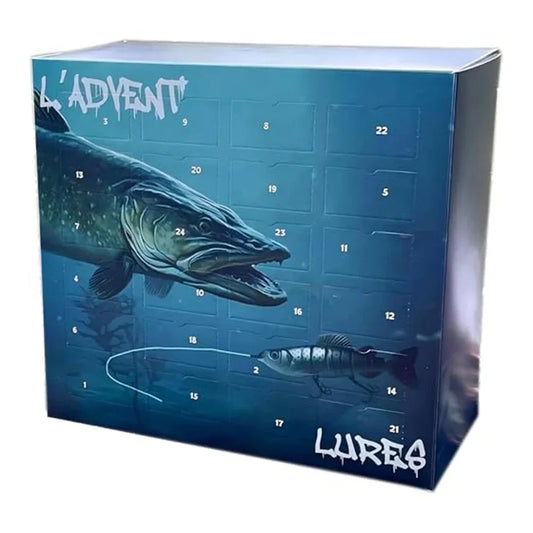 Fishing advent calendar box, close-up front view