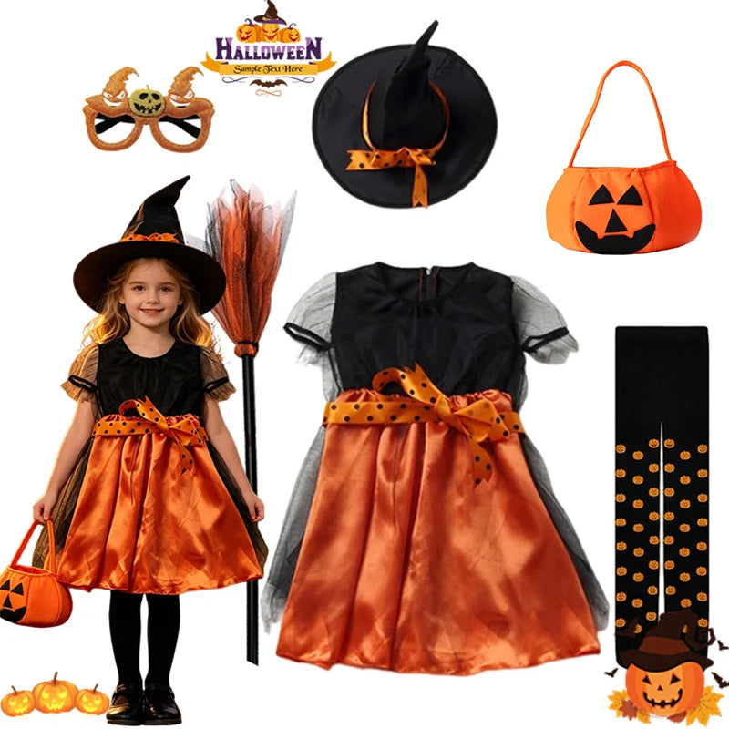 Girls Orange & Black Witch Halloween Costume with Hat & Pumpkin Bag