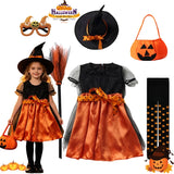 Girls Orange & Black Witch Halloween Costume with Hat & Pumpkin Bag thumbnail 1