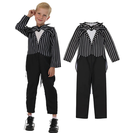 Boys pinstripe skeleton jumpsuit costume, front and back view