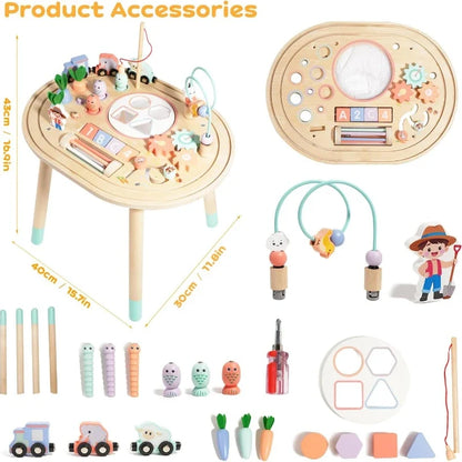Wooden activity table showing bead maze and gears
