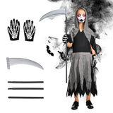 Kids Grim Reaper Halloween Costume - Hooded Tattered Dress with Skeleton Gloves & Scythe thumbnail 5