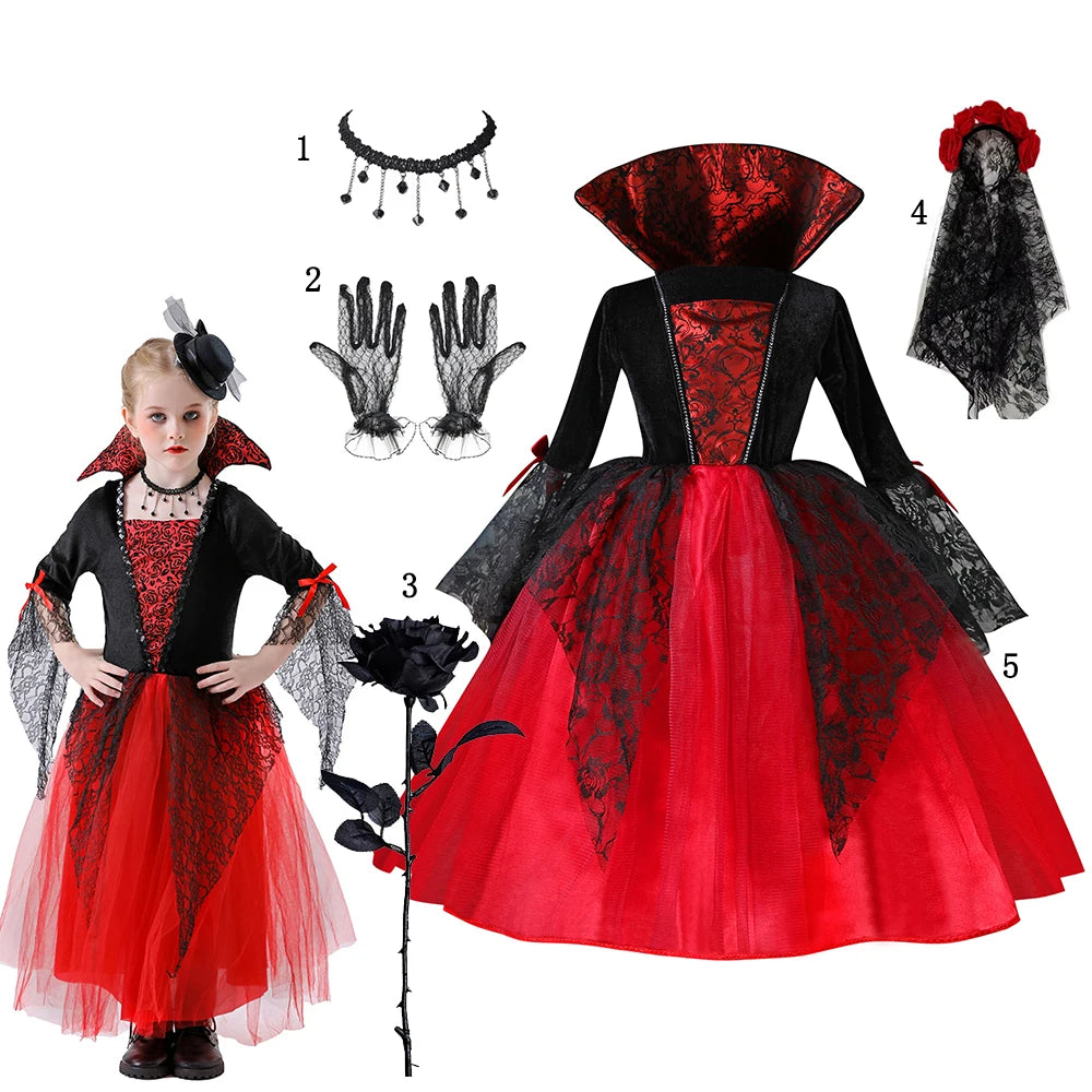 Girls Gothic Lace Dress Costume with Bell Sleeves