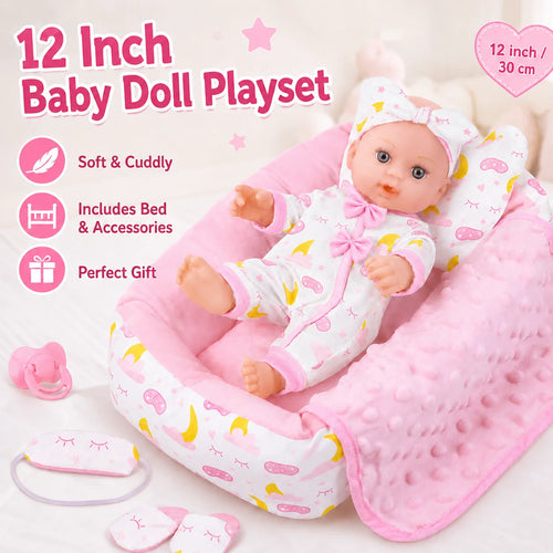 12 Inch Baby Doll Playset with Fold-Out Bed & Accessories