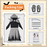 Kids Grim Reaper Halloween Costume - Hooded Tattered Dress with Skeleton Gloves & Scythe thumbnail 2