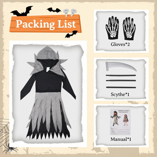 Grim Reaper costume set contents - dress, skeleton gloves, and toy scythe