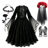 Girls Gothic Ghost Bride Costume - Lace Tulle Dress with Roses thumbnail 6