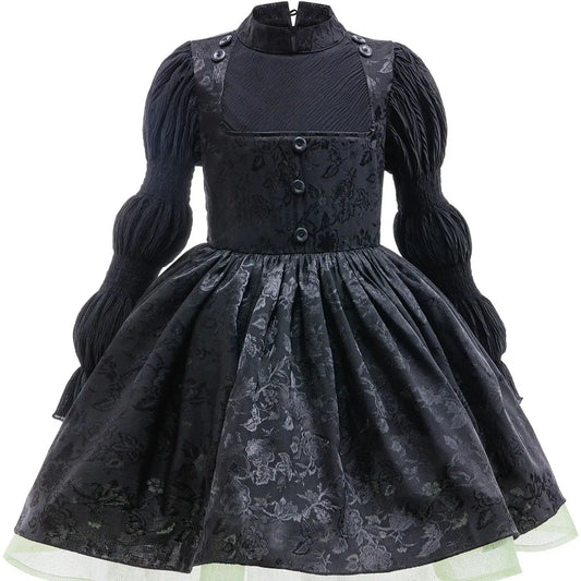 Girls gothic witch dress front view, black jacquard with puffed sleeves