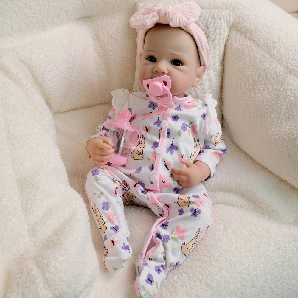 18" Realistic Reborn Baby Doll - Bunny Print Romper, Pink Bow