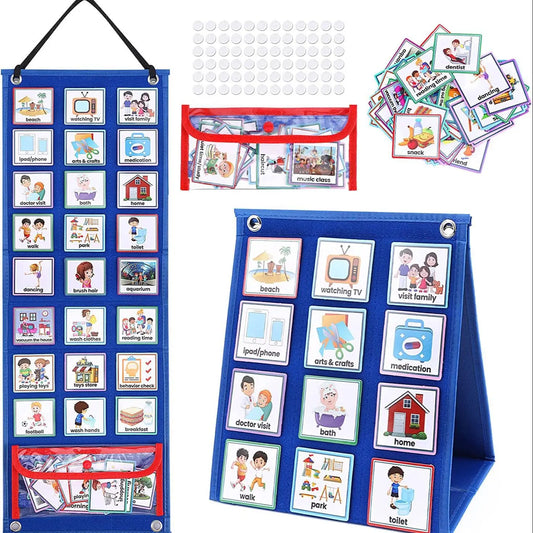 Close-up of individual illustrated visual schedule picture cards for daily routines