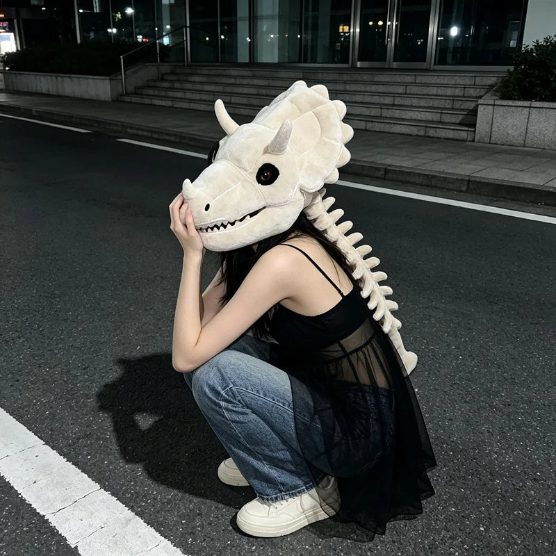 Dinosaur Skeleton Plush Headpiece Costume with Long Spine Tail