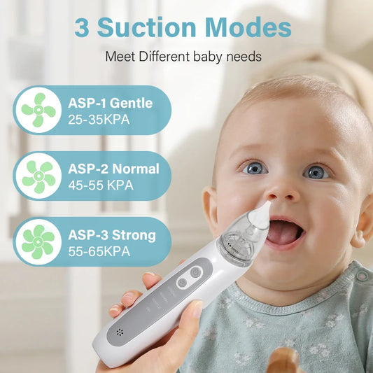 Electric nasal aspirator with 3 suction modes, gentle normal and strong