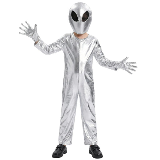 Child wearing silver alien astronaut costume, arms out front view