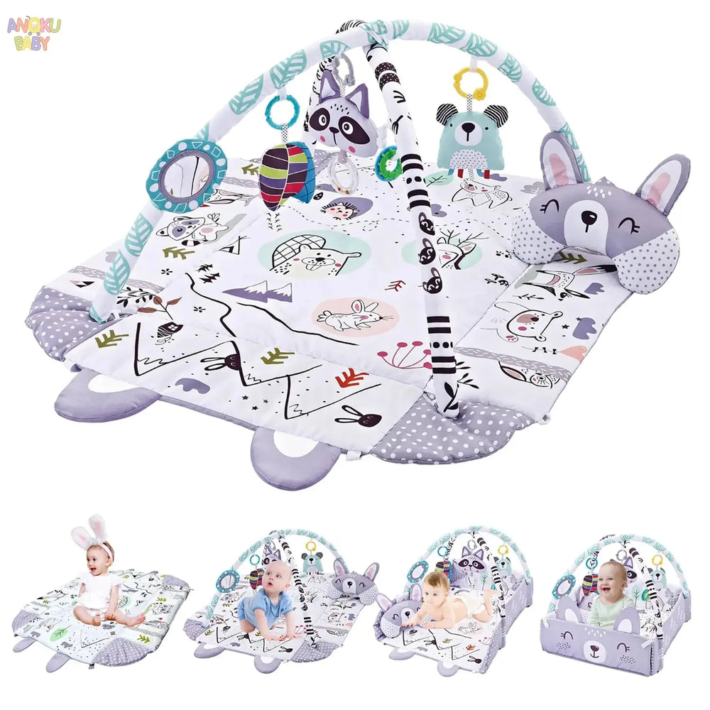 4-in-1 Baby Activity Play Mat | Foldable with Bunny Pillow, Mirror & Hanging Toys