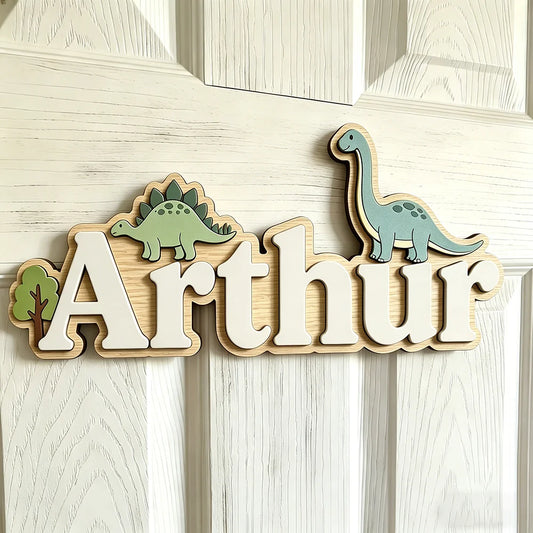 Sage green personalised wooden dinosaur name sign
