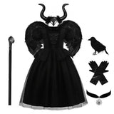 Maleficent Costume - Girls Horned Villain Ball Gown Fancy Dress thumbnail 2