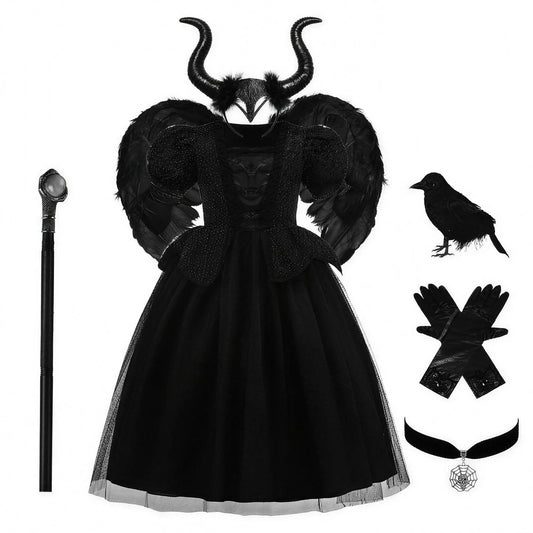 Maleficent costume with horned headband, wings and staff bundle