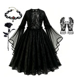Girls Gothic Ghost Bride Costume - Lace Tulle Dress with Roses thumbnail 5