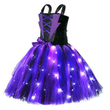 Girls Purple & Black LED Light-Up Halloween Witch Costume - Tutu Dress with Hat & Broom thumbnail 3