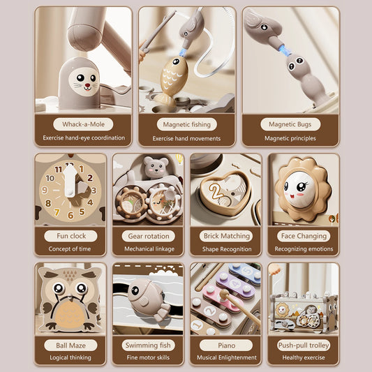 Owl activity cube features: whack-a-mole, magnetic fishing, magnetic bugs, clock, gears, matching, face changing, maze, swimming fish, piano