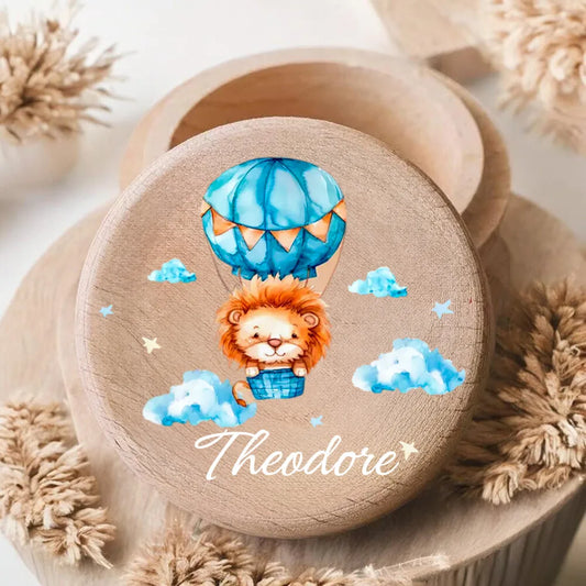 Wooden first curl keepsake box with hot air balloon and lion design, personalised name