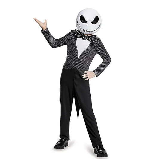 Boys pinstripe skeleton king costume with character mask headpiece