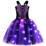 Girls Purple & Black LED Light-Up Halloween Witch Costume - Tutu Dress with Hat & Broom thumbnail 2