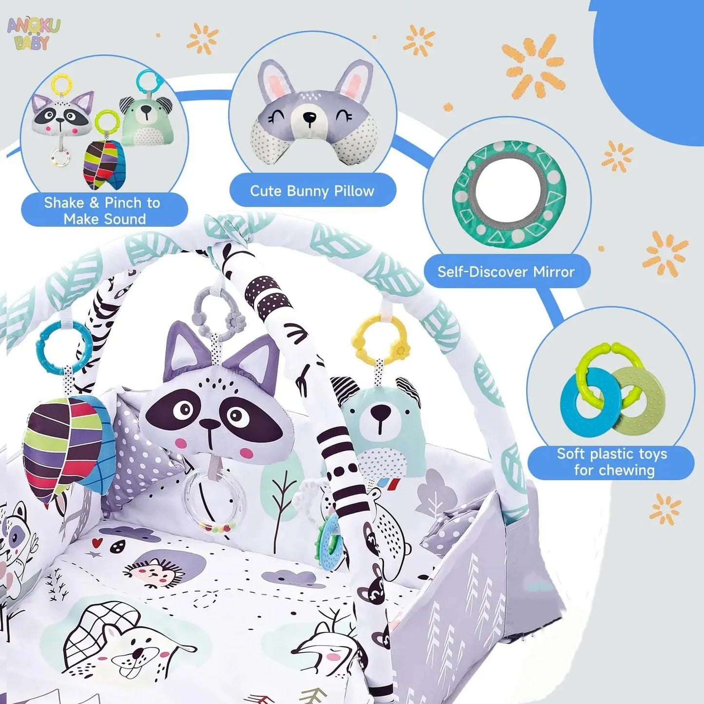 Baby play mat features bunny pillow mirror toys