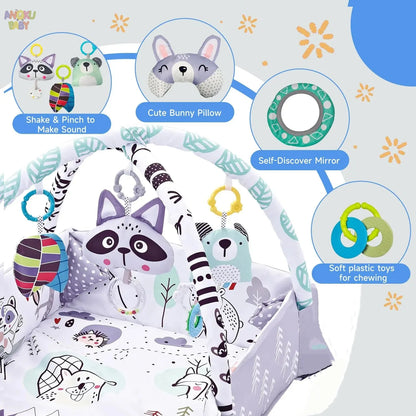 Baby play mat features bunny pillow mirror toys
