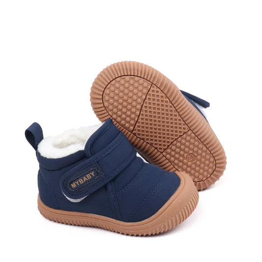 Navy baby snow boots, back and sole view