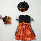 Girls Orange & Black Witch Halloween Costume with Hat & Pumpkin Bag thumbnail 2