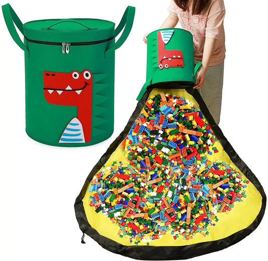 Red dinosaur felt toy storage basket unfolded into a play mat