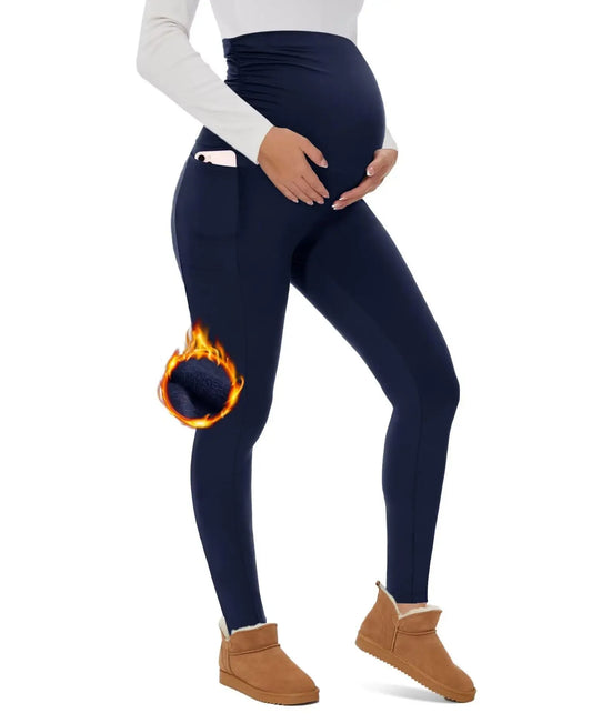 Navy blue fleece-lined maternity leggings with bump support panel