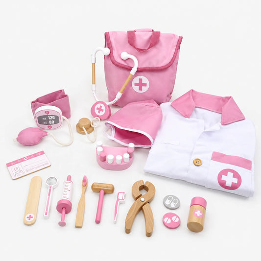Pink wooden doctor playset with medical bag and tools