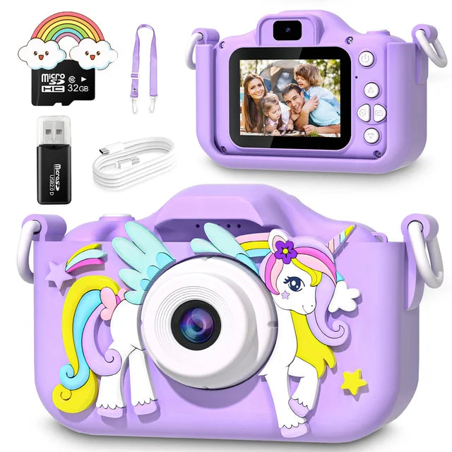 Children's digital camera in purple with unicorn design