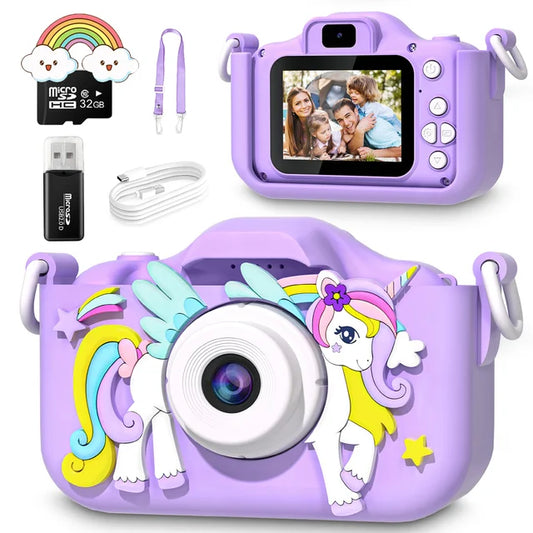 Children's digital camera in purple with unicorn design