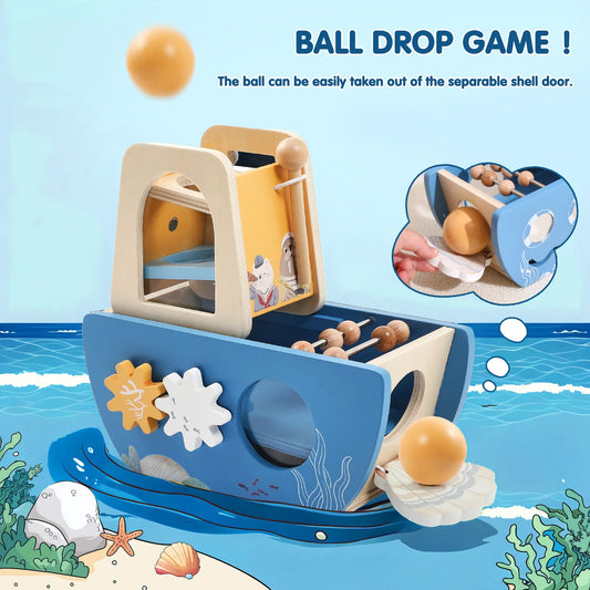 5-in-1 wooden Montessori activity cube with ball drop game
