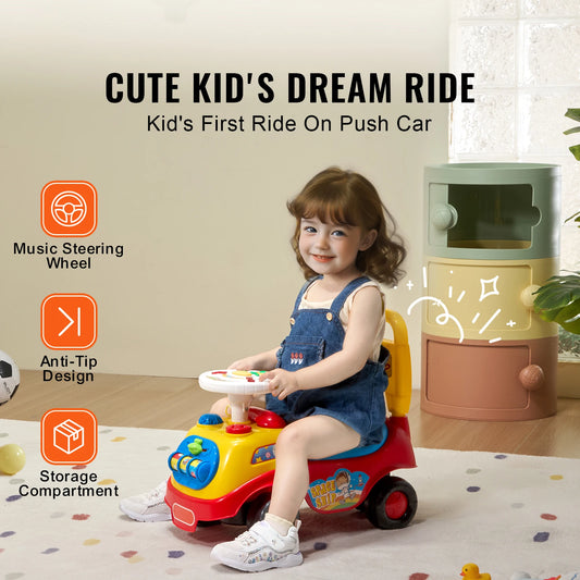 Toddler girl riding the push car indoors using the music steering wheel