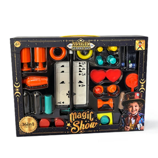 36-in-1 kids magic trick set in storage box, front view