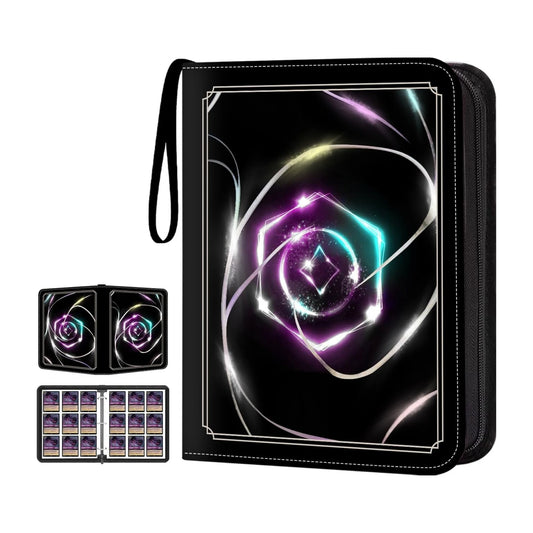 Black 9-pocket trading card binder with cosmic starburst design, zip closure and carry handle