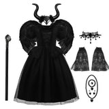 Maleficent Costume - Girls Horned Villain Ball Gown Fancy Dress thumbnail 3