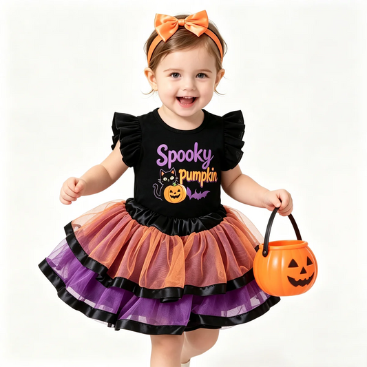 Baby Halloween tutu set with purple and orange skirt, spooky pumpkin text top