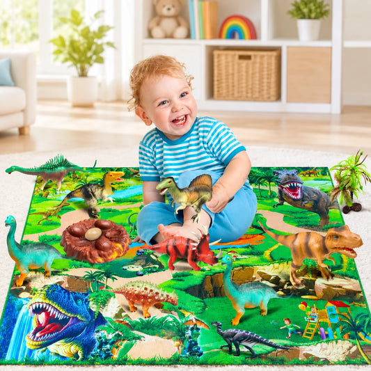 Child playing with the dinosaur jungle play mat and figures on the floor