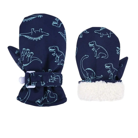 Navy kids waterproof ski gloves dinosaur print