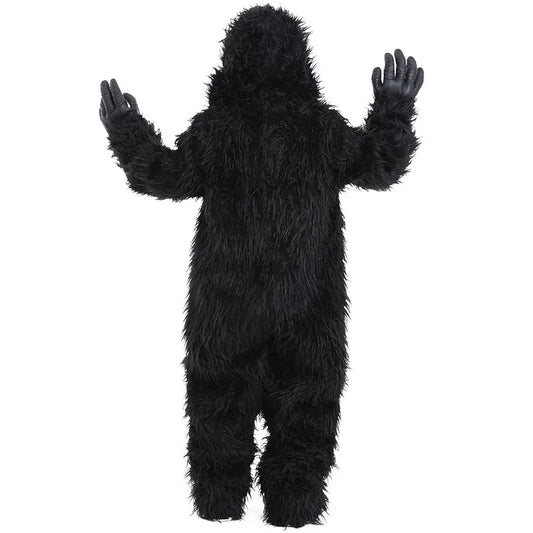 Child wearing gorilla costume, back view with arms raised