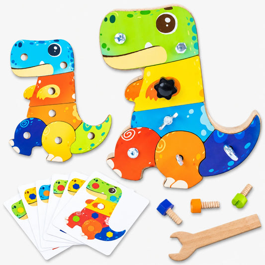 Wooden dinosaur-shaped Montessori screwdriver board toy, top-down view on a clean white background