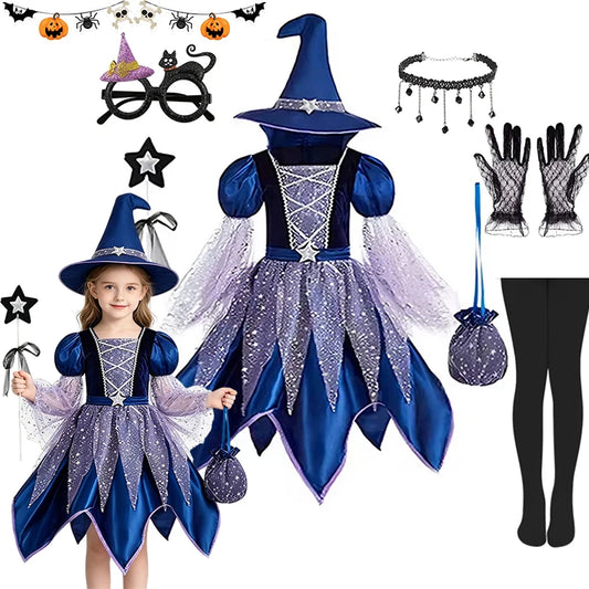Girls starry witch Halloween costume set flat lay with dress, hat, gloves, choker, wand bag and tights