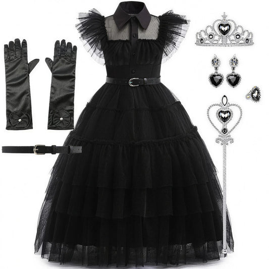 Wednesday Addams costume with belt, gloves and jewellery bundle