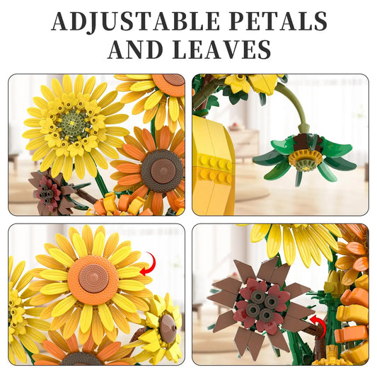 Close-up detail collage of adjustable sunflower petals and leaves on building block bouquet