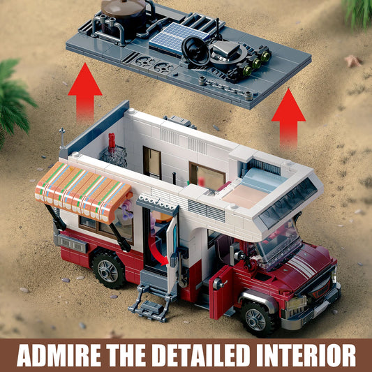 Camper van building block model with detailed interior roof section lifted off to show inside